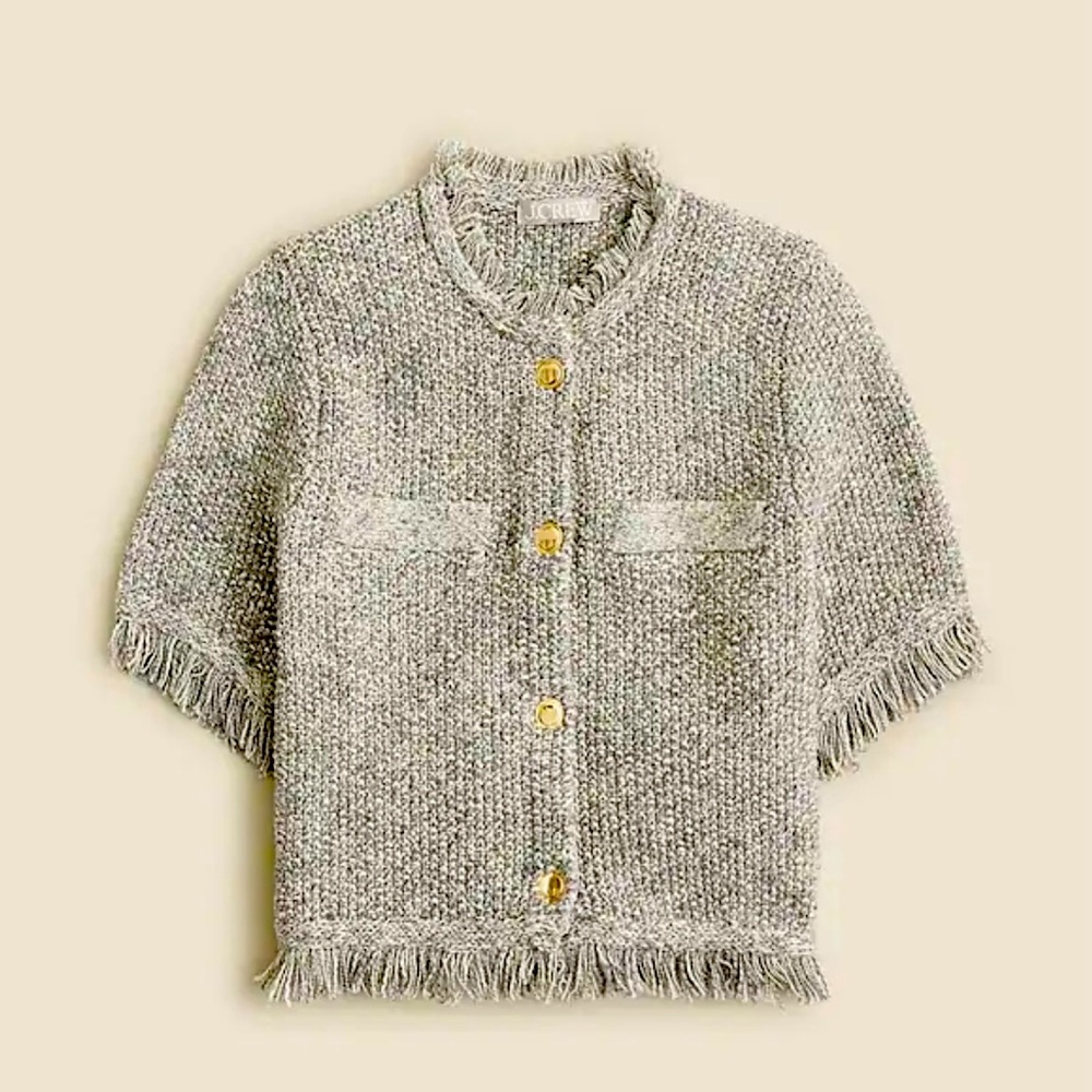 J. Crew gray marled lady jacket: short sleeves, cropped, gold snaps. Size M